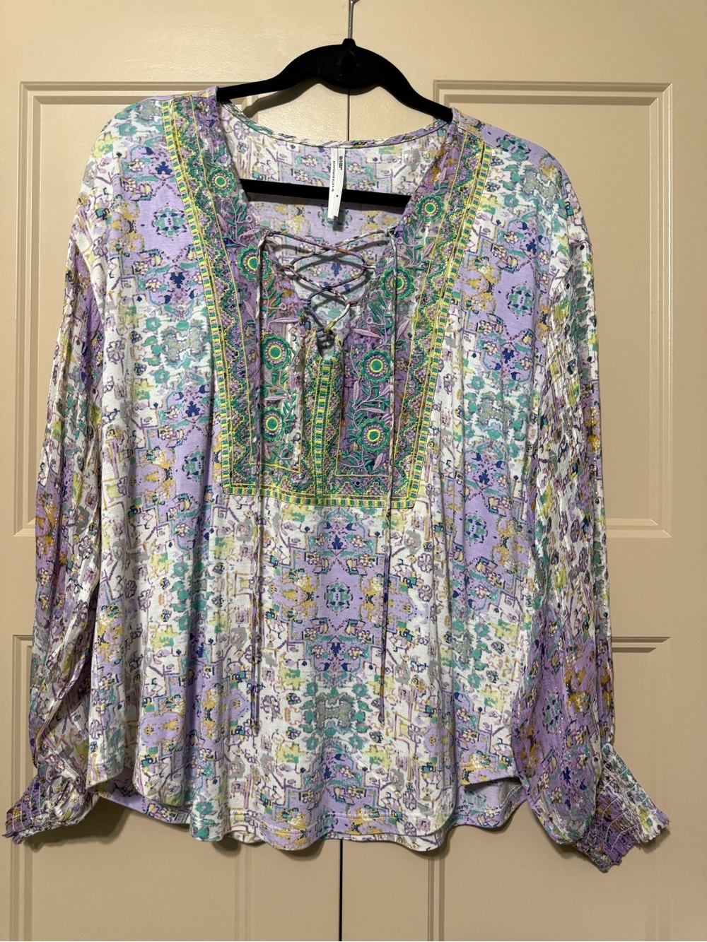 Anthropologie Lavender Floral Lace-Up Peasant Tunic